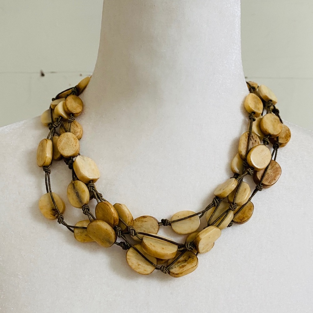 Multi-strand Flat Brown Bone Statement Necklace